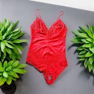 Vintage 70s 80s Red Lace French Cut Teddy Snap Bodysuit Lingerie Size Large